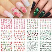 12 Stuks Nagelstickers – Groen & Roze – Rozen & Bladeren – Nail Art Stickers