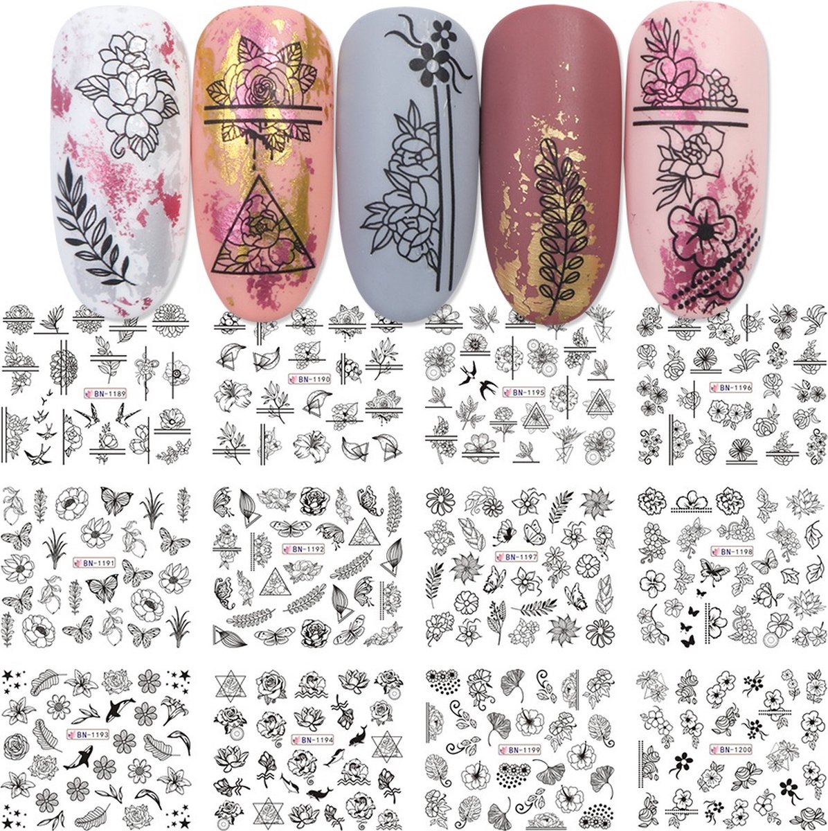 Goedkoopste 12 Stuks Nagelstickers – Zwarte Patronen – Bloemen, Takken, Vlinders, Rozen – Nail Art Stickers