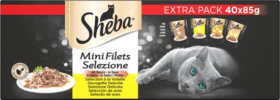Sheba natte kattenvoeding minifilets gevogelte - 40 stuks - eend, kip, kalkoen, gevogelte - 3400 gram