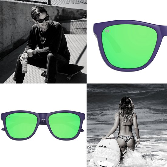 Collage van vier afbeeldingen: een man op een skateboard, een close-up van een paarse zonnebril met groene lenzen, een zonnebril op sterkte, en een vrouw met surfboard in de zee.