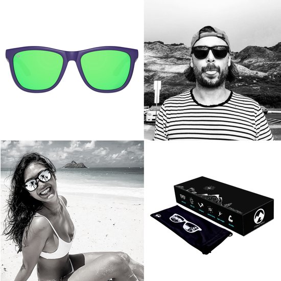Collage van vier afbeeldingen: een paarse zonnebril met groene lenzen, een man met pet en zonnebril, een zittende vrouw op het strand en een gesloten productdoos met zonnebril.