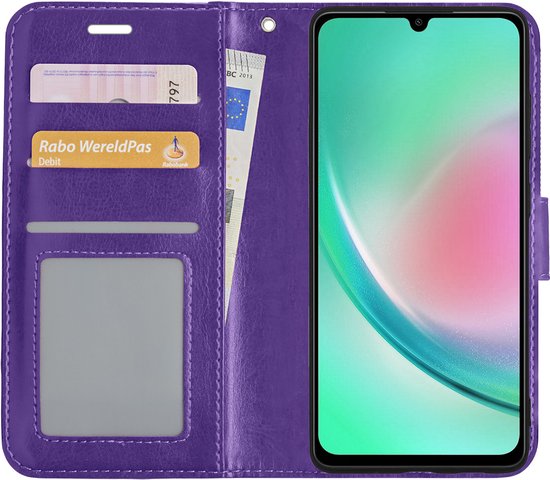 Paarse book case met pasjeshouder, creditcardvakjes en een geldvak. De binnenzijde toont een mobiel.