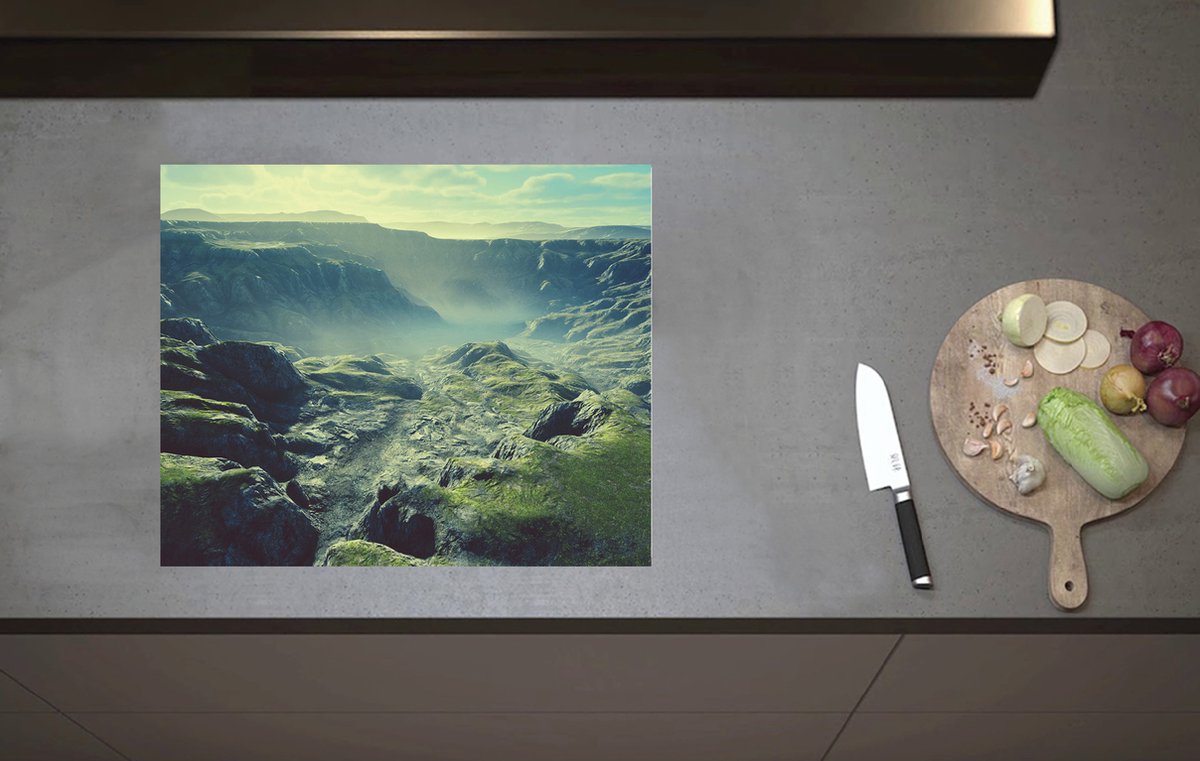 Inductieplaat Beschermer - Moerassig Landschap met Bergen vol Mist - 60x52 cm - 2 mm Dik - Inductie Beschermer van Vinyl