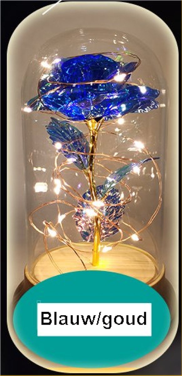 Vdtoys ® LED rose - Eternal rose of affection and love - roos onder stolp - de kleur is blauw/goud - hoog 18.5 cm en diam. 11 cm