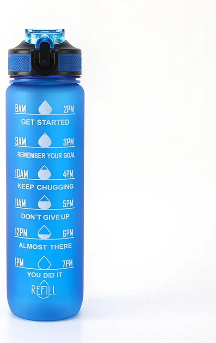 Piro - Motivatie Drinkfles Met Rietje - Waterfles 1 Liter - Incl. Tijd Markeringen - Blauw