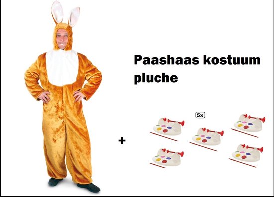 Paashaas kostuum bruin/wit unisex mt.S/M + 5x eierverfmolen - Pluche - Pasen thema feest konijn haas paasfeest