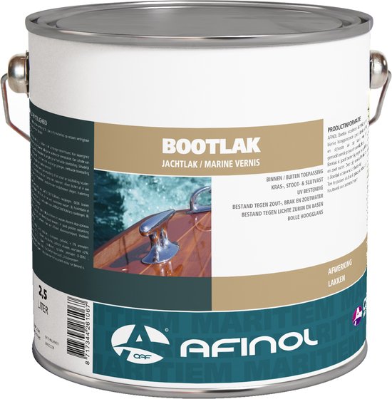 Blikken bootlak met "Afinol Jacht- & Bootlak" en "Bolle hoogglans" op het etiket.