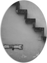 PVC Schuimplaat Ovaal - Trap voor Witte Muur in het Zwart- wit met Bordje Exit - 51x68 cm Foto op Ovaal (Met Ophangsysteem)