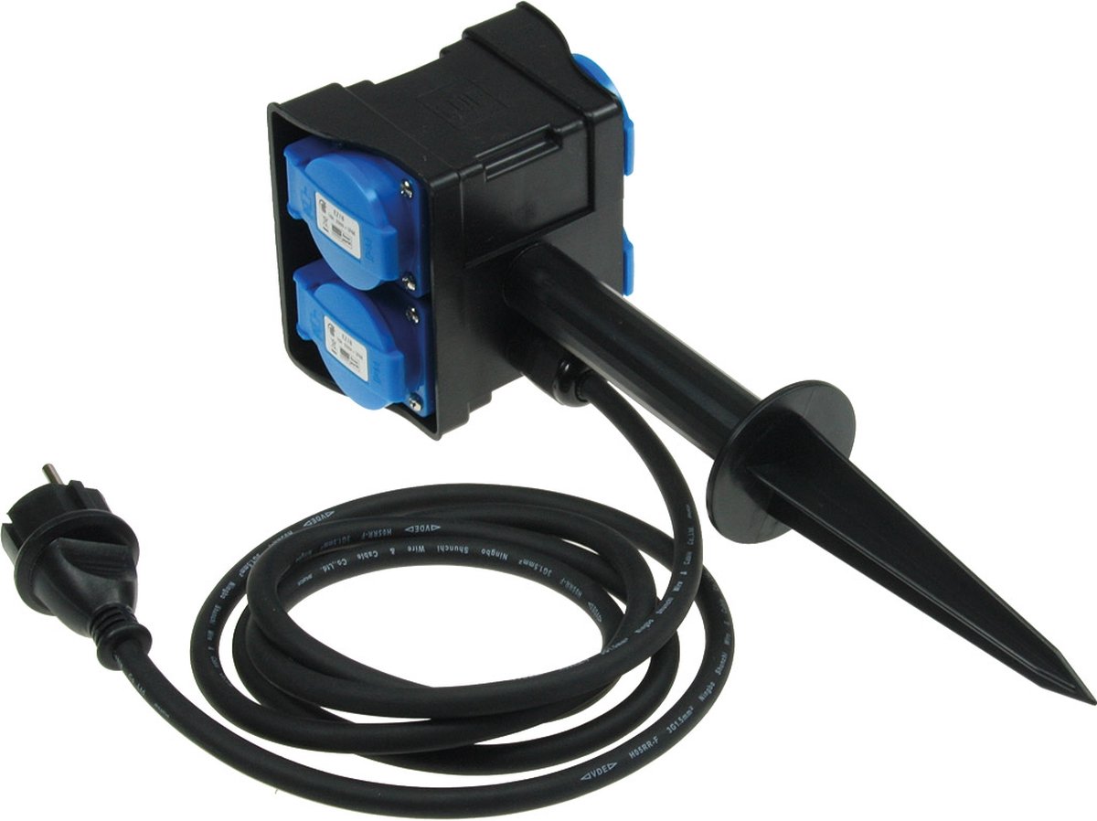 Buitenstopcontact met grondpin - Tuinpaal met stopcontact 4-voudig - Tuinstopcontact met 2m kabel - Tuinstekkerdoos IP44 Waterdicht - Zwart