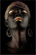 Allernieuwste.nl® Canvas Schilderij Afrikaanse vrouw met Gouden Sieraden - Kunst aan je Muur - Kleur - 60 x 90 cm