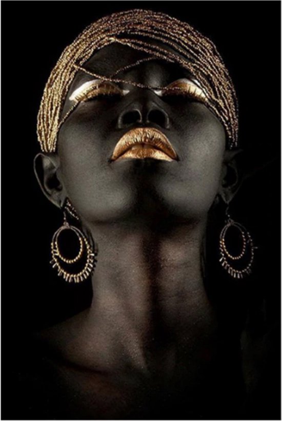 Allernieuwste.nl® Canvas Schilderij Afrikaanse vrouw met Gouden Sieraden - Kunst aan je Muur - Kleur