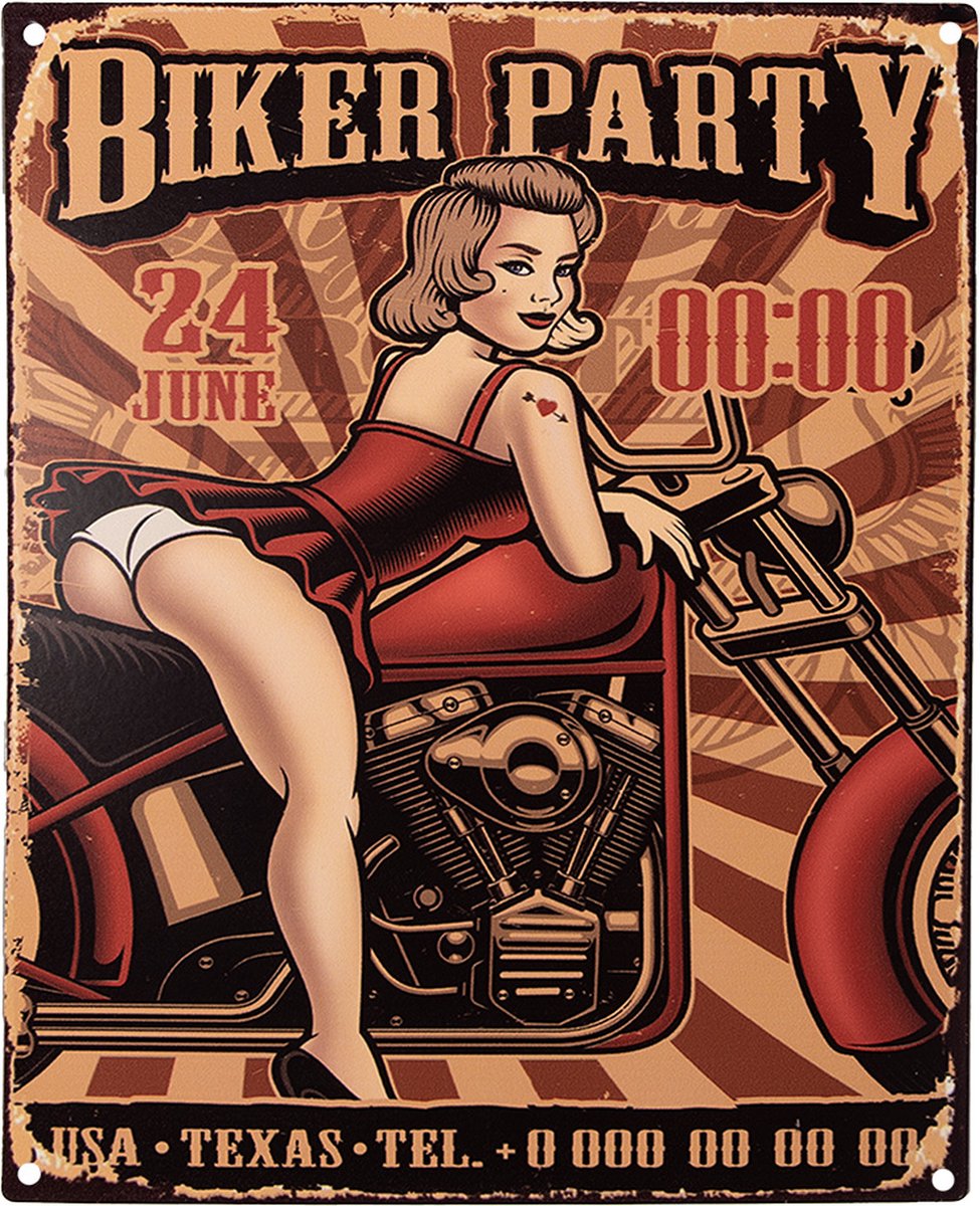 Tekstbord 20x25 cm Bruin IJzer Vrouw met Motor