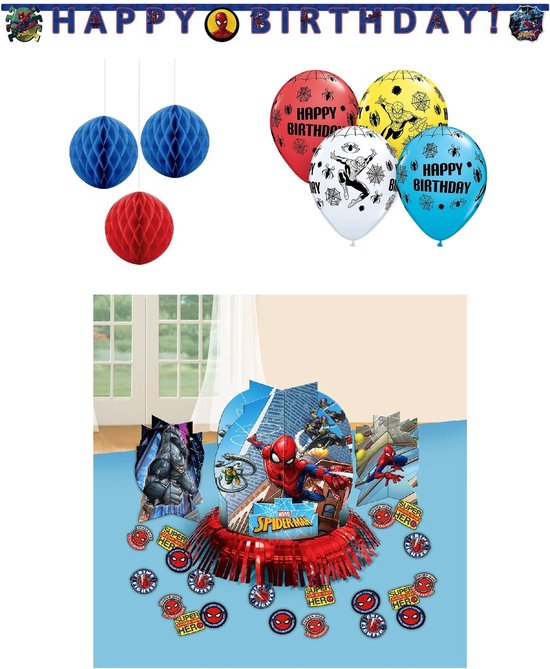 Marvel – Spiderman - Spider-Man - Superheld – Tafeldecoratie set - Happy birthday slinger - Letterbanner - Honeycomb decoratie - Ballonnen - Kinderfeest - Versiering - Verjaardag.