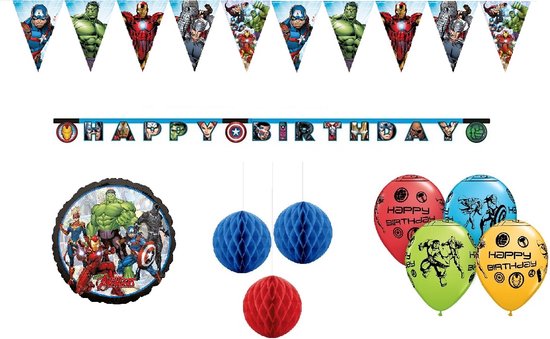 Marvel - The Avengers - Superhelden - Happy birthday slinger - Letterbanner - Vlaggenlijn - Honeycomb decoratie - Ballonnen - Folieballon - Kinderfeest - Versiering - Verjaardag.