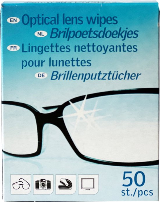 Doos met 50 optische brillenpoetsdoekjes met afbeelding van een bril.