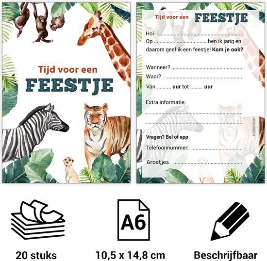 Lot 8 cartes d'invitation anniversaire enfant - Animaux de la Jungle