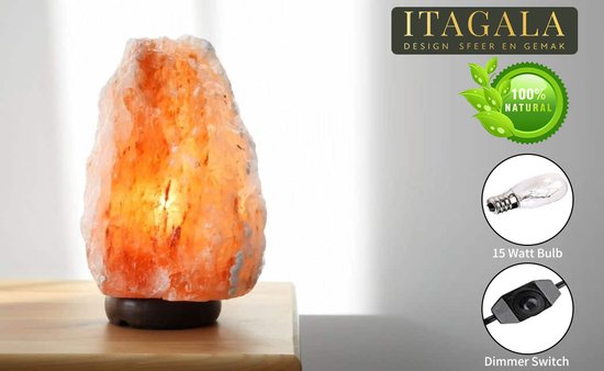 ITAGALA Luxe Himalaya Zoutlamp - Inclusief Dimmer in het snoer - 2-3 KG - 20CM - Dimbare zoutlamp Himalayazout – Tafellamp – Sfeerlamp – Himalaya Zoutsteen Nachtlampje - Himalayazout- 100% Natuurlijk Haliet Zoutsteen uit Himalaya gebergte