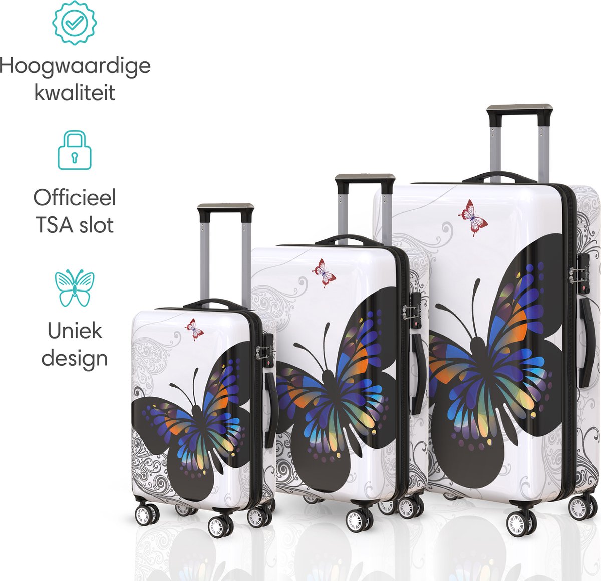 Voyagoux® Kofferset Vlinders 3 delig - ABS kofferset - L / M / S - Koffer