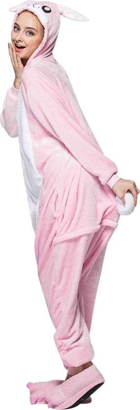 Konijn Roze Onesie Pak Kostuum Outfit Huispak Jumpsuit Verkleedpak - Verkleedkleding - Halloween & Carnaval - SnugSquad - Kinderen & Volwassenen - Unisex - Maat L voor Lichaamslengte (168 - 175 cm)