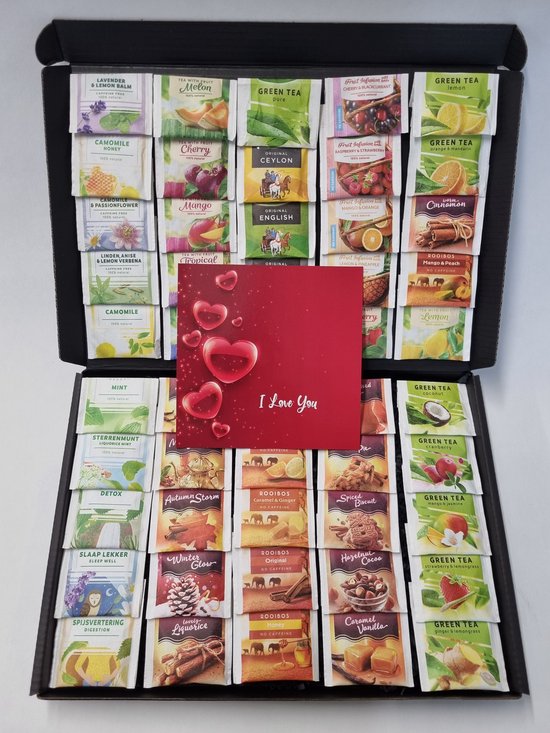 Thee Proeverij Pakket | Theepakket met 50 verschillende theesmaken met Mystery Card ‘I Love You’ met persoonlijke (video)boodschap | Verjaardag | Sinterklaas | Kerstpakket | Vaderdag | Moederdag | Jubileum | Valentijnsdag