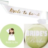 12-delige Bride to Be en Bride's Bitches mint groen wit goud met sjerp en buttons - vrijgezellenfeest - bride to be - bruid - trouwen - mint - groen - button - sjerp