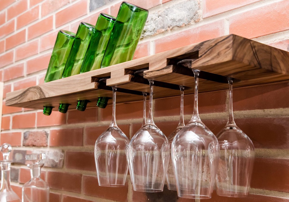 Tu Las™ Massief houten wijnflessen houder inclusief wijnglazen en champagneglazen houder - 94 x 22 x 4 cm - Zwevende wijnflessen houder - Muur bevestiging - Walnoot hout — cadeau in Wonen & Interieur - foto 8