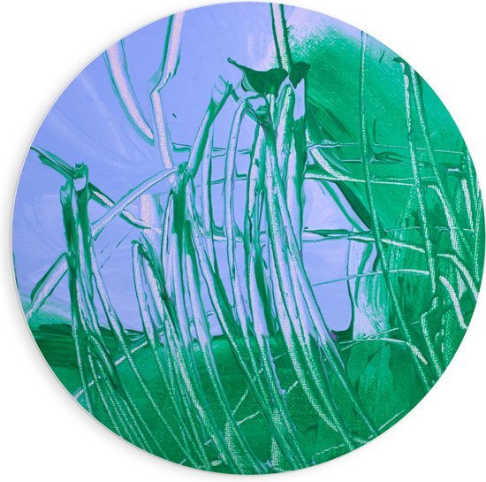 PVC Schuimplaat Muurcirkel - Groen met Blauwe Verf op Doek - 90x90 cm Foto op Muurcirkel (met ophangsysteem)