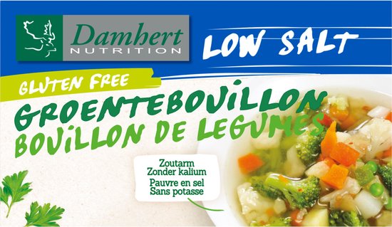 Damhert Groentebouillon Low Salt, glutenvrij, met een kom groentesoep met broccoli, wortel en doperwten.