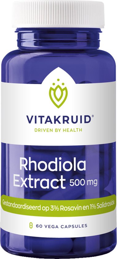 Blauwe pot met witte dop. Etiket met 'Rhodiola Extract 500 mg' en '60 VEGA CAPSULES'.