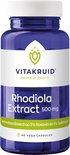 Blauwe pot met witte dop. Etiket met 'Rhodiola Extract 500 mg' en '60 VEGA CAPSULES'.