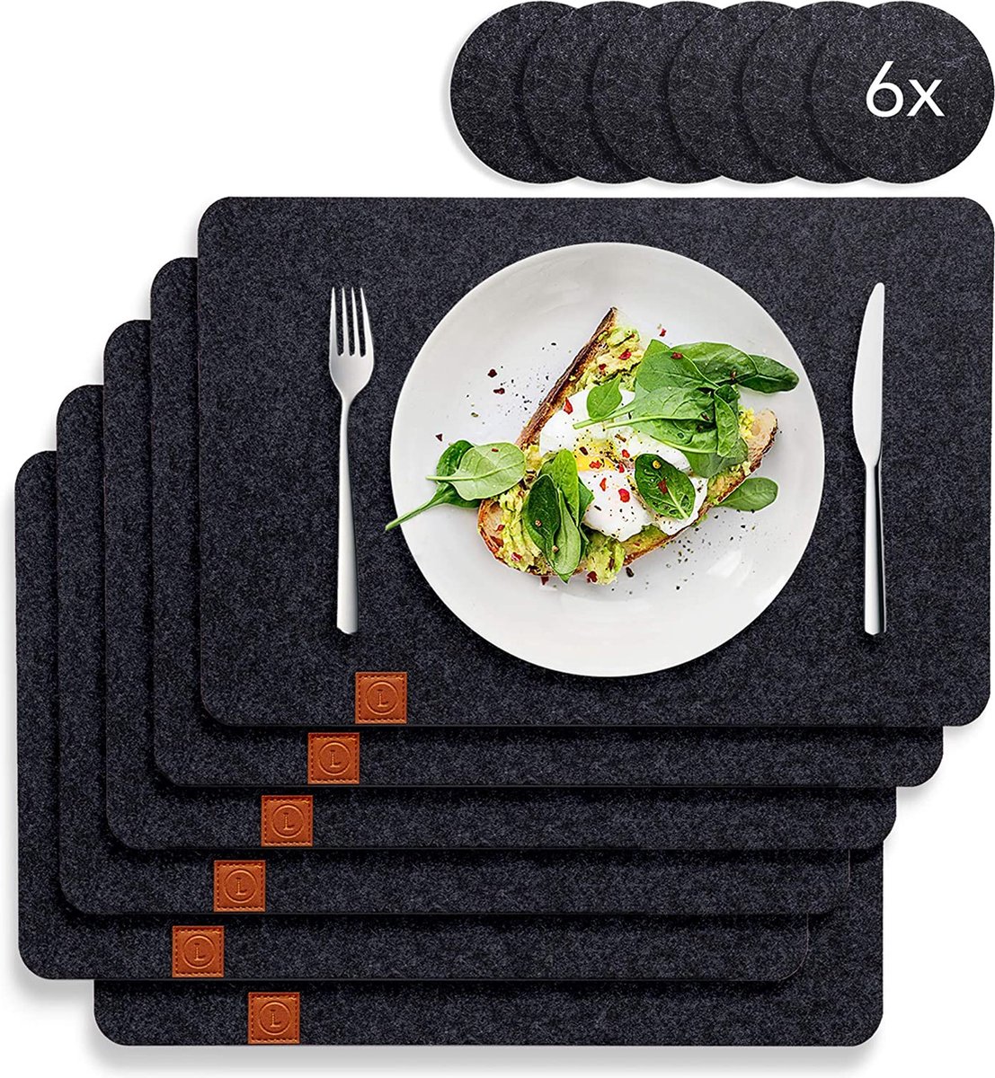 Vilten placemat met antislip achterkant, 6 wasbare placemats en 6 speciale glaszetters, groot, afwasbaar en afwasbaar, machinebestendig, design placemats