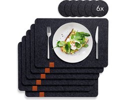 Vilten placemat met antislip achterkant, 6 wasbare placemats en 6 speciale glaszetters, groot, afwasbaar en afwasbaar, machinebestendig, design placemats