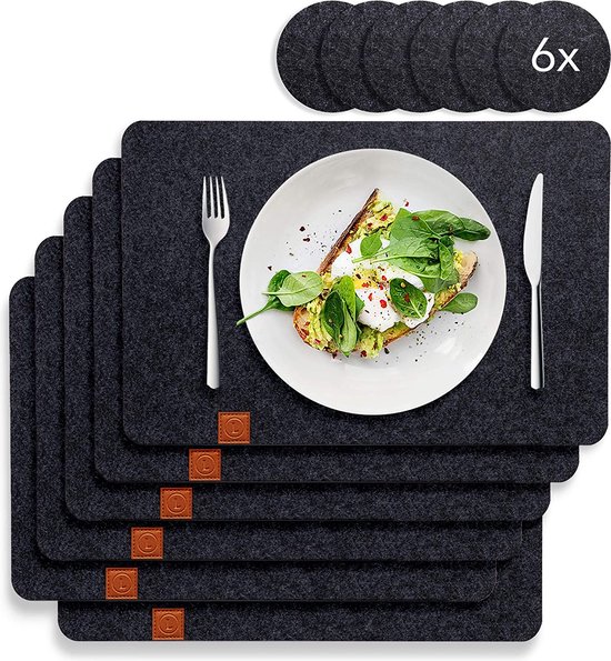 Vilten placemat met antislip achterkant, 6 wasbare placemats en 6 speciale... bol