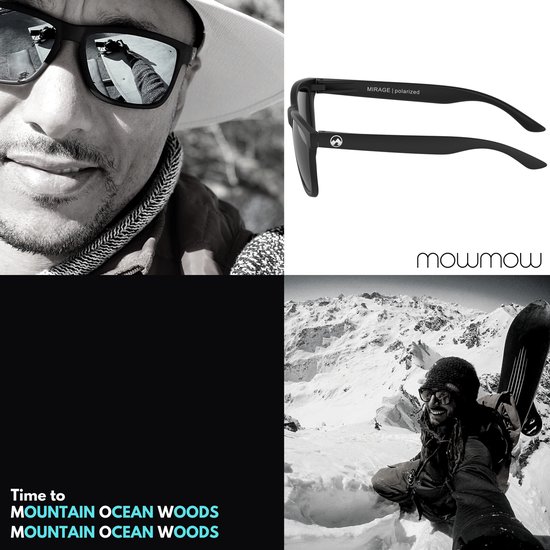 Collage : homme avec lunettes de soleil et chapeau, détail des lunettes de soleil, homme sur snowboard dans la neige, snowboarder avec lunettes de soleil.