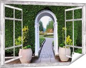 Gards Tuinposter Doorkijk Doorkijk met Potten - 120x80 cm - Tuindoek - Tuindecoratie - Wanddecoratie buiten - Tuinschilderij