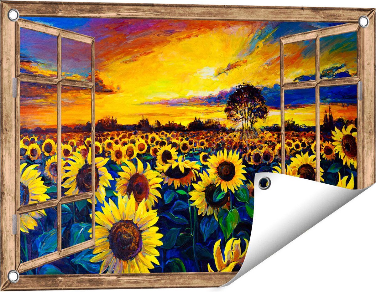 Gards Tuinposter Doorkijk Getekende Zonnebloemen Veld met Olieverf - 60x40 cm - Tuindoek - Tuindecoratie - Wanddecoratie buiten - Tuinschilderij Licht bruin