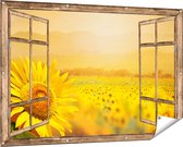Gards Tuinposter Doorkijk Zonnebloemen Veld met Zonopkomst - 150x100 cm - Tuindoek - Tuindecoratie - Wanddecoratie buiten - Tuinschilderij