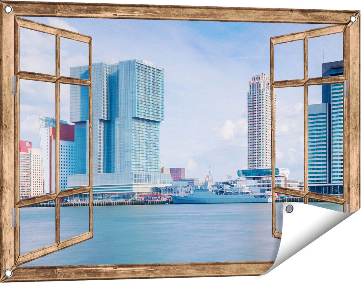 Gards Tuinposter Doorkijk Rotterdamse Skyline aan het Water - 90x60 cm - Tuindoek - Tuindecoratie - Wanddecoratie buiten - Tuinschilderij Licht bruin