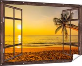 Gards Tuinposter Doorkijk Tropisch Strand tijdens Zonsondergang - 180x120 cm - Tuindoek - Tuindecoratie - Wanddecoratie buiten - Tuinschilderij