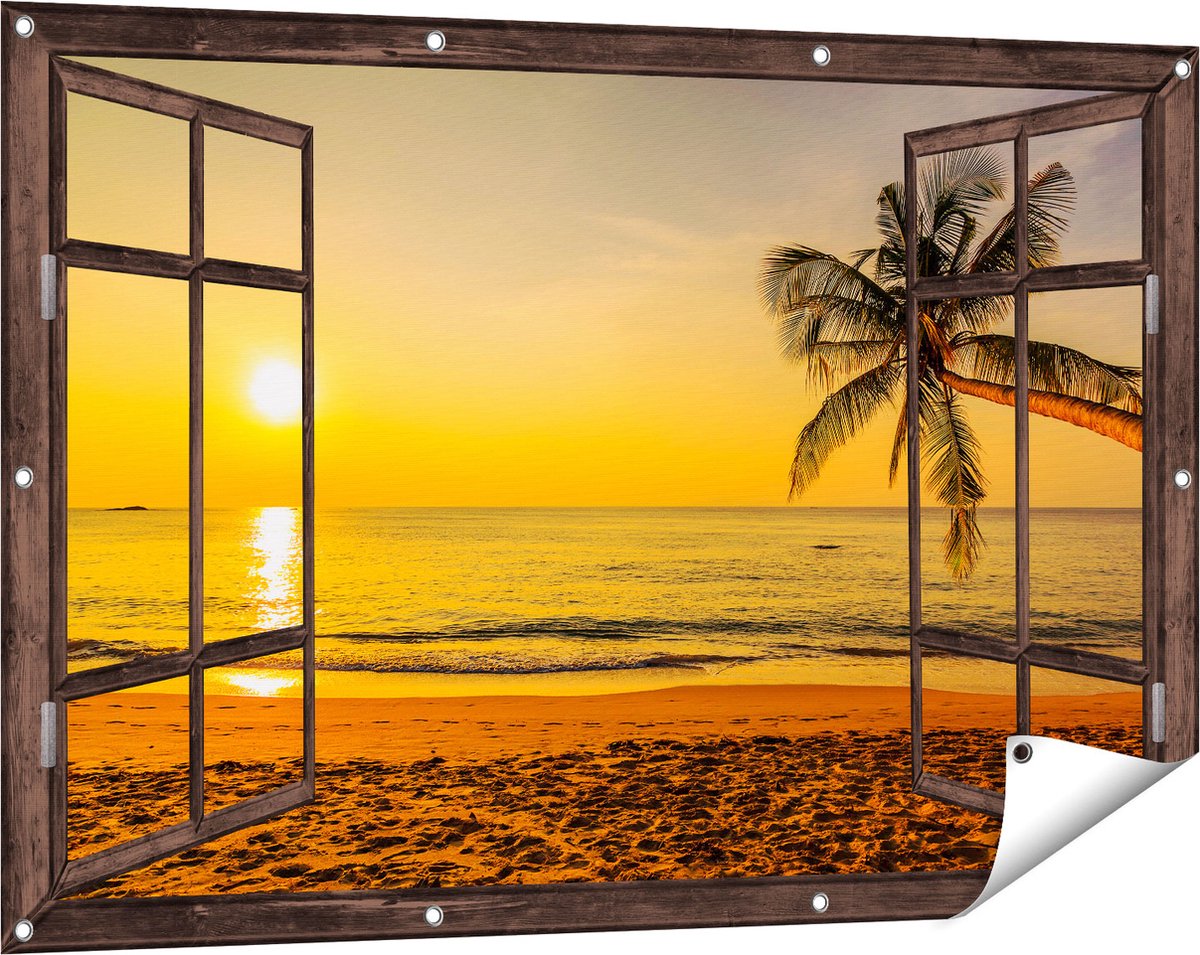 Gards Tuinposter Doorkijk Tropisch Strand tijdens Zonsondergang - 120x80 cm - Tuindoek - Tuindecoratie - Wanddecoratie buiten - Tuinschilderij donker bruin