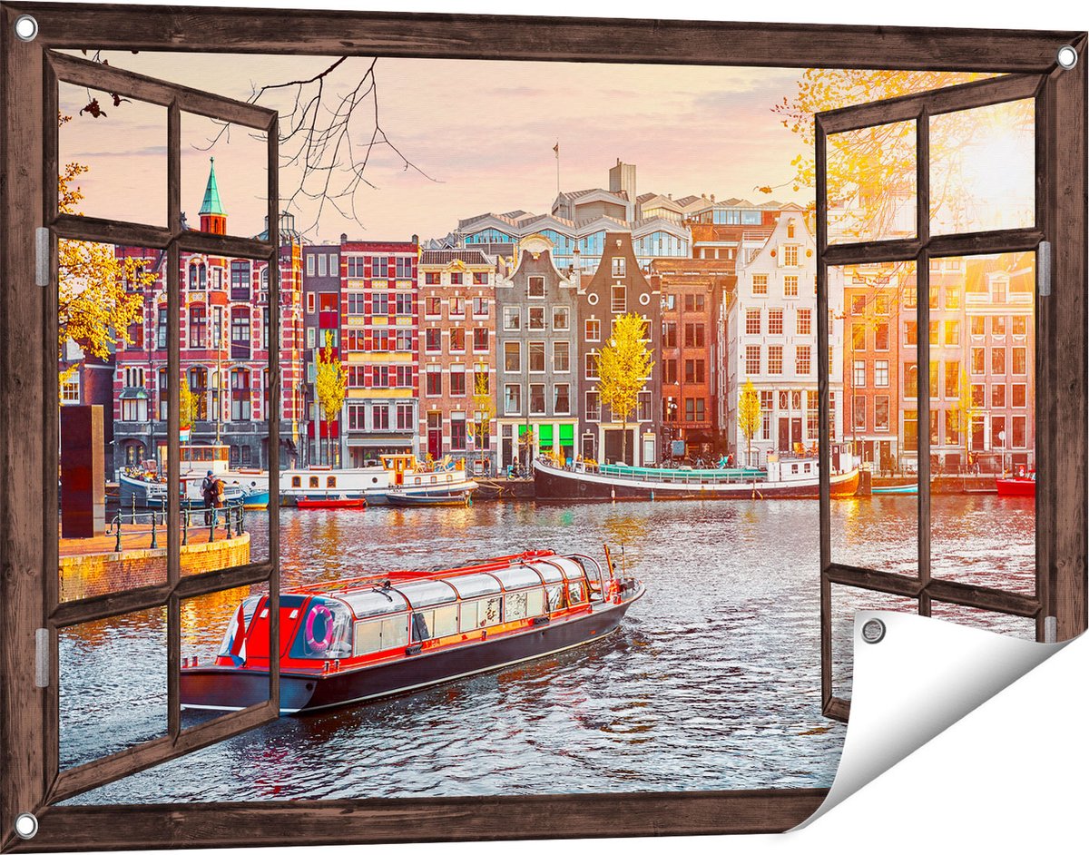 Gards Tuinposter Doorkijk Amsterdamse Huisjes vanaf de Grachten - 90x60 cm - Tuindoek - Tuindecoratie - Wanddecoratie buiten - Tuinschilderij Donker bruin
