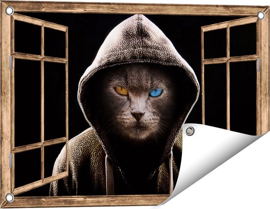 Gards Tuinposter Doorkijk Boze Kat Draagt een Hoodie - 60x40 cm - Tuindoek - Tuindecoratie - Wanddecoratie buiten - Tuinschilderij