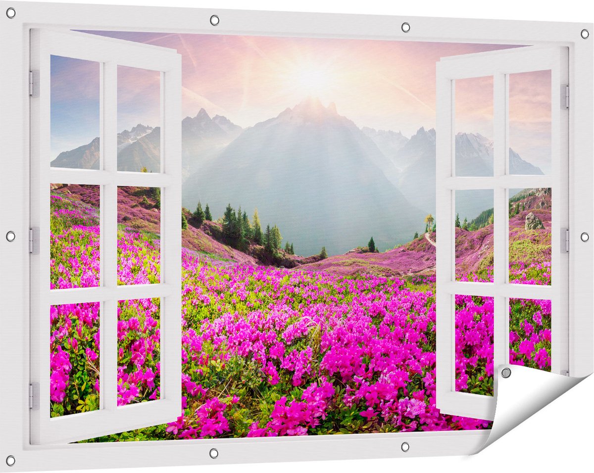 Gards Tuinposter Doorkijk Rhododendron Bloemenveld in de Alpen - 120x80 cm - Tuindoek - Tuindecoratie - Wanddecoratie buiten - Tuinschilderij wit