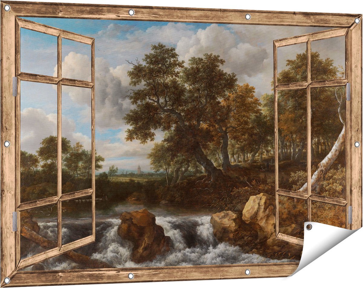 Gards Tuinposter Doorkijk Landschap met Waterval - Jacob van Ruisdael - 120x80 cm - Tuindoek - Tuindecoratie - Wanddecoratie buiten - Tuinschilderij Licht bruin