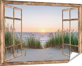 Gards Tuinposter Doorkijk Zee vanuit Duinen met Zonsondergang - 150x100 cm - Tuindoek - Tuindecoratie - Wanddecoratie buiten - Tuinschilderij