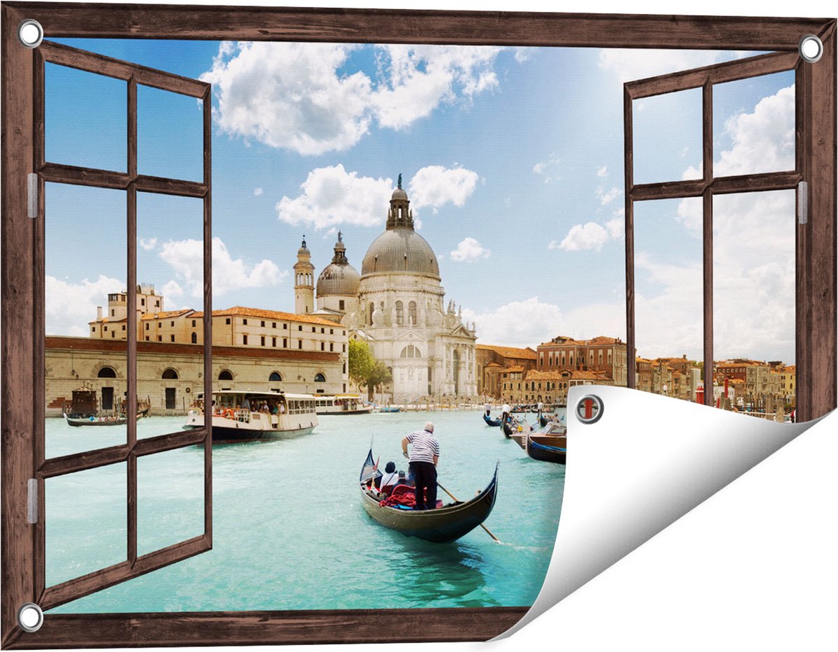 Gards Tuinposter Doorkijk Basiliek San Marco in Venetië op het Water - 60x40 cm - Tuindoek - Tuindecoratie - Wanddecoratie buiten - Tuinschilderij donker bruin