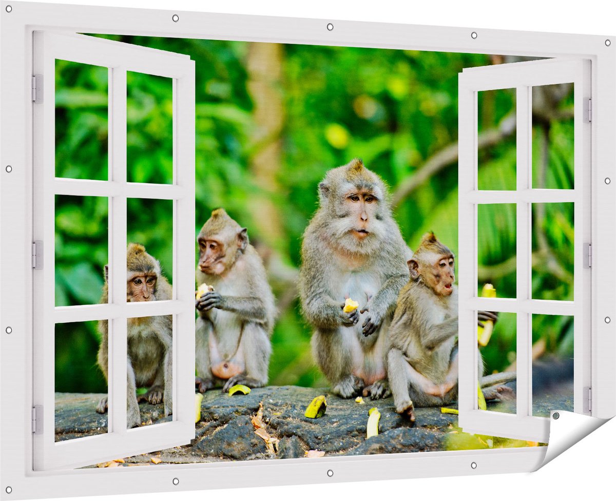 Gards Tuinposter Doorkijk Groep Apen Eten Bananen in het Bos - 180x120 cm - Tuindoek - Tuindecoratie - Wanddecoratie buiten - Tuinschilderij Multikleur