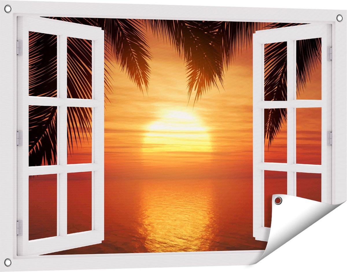 Gards Tuinposter Doorkijk Zonsondergang op het Strand met Palmbomen - 90x60 cm - Tuindoek - Tuindecoratie - Wanddecoratie buiten - Tuinschilderij Wit