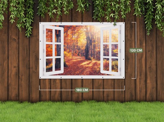 Affiche de jardin Gards transparente Forêt d'automne Oranje avec soleil - 180x120 cm - Toile de jardin - Décoration de jardin - Décoration murale extérieur - Tableau de jardin