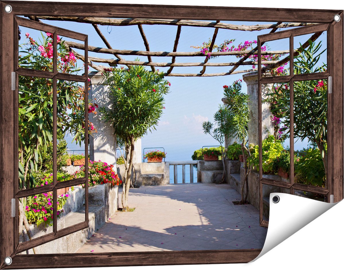Gards Tuinposter Doorkijk Terras - 90x60 cm - Tuindoek - Tuindecoratie - Wanddecoratie buiten - Tuinschilderij donker bruin